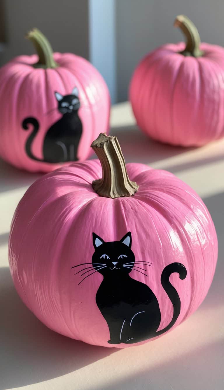One or two bright pink pumpkins painted with black cat silhouettes on a clean tabletop.
