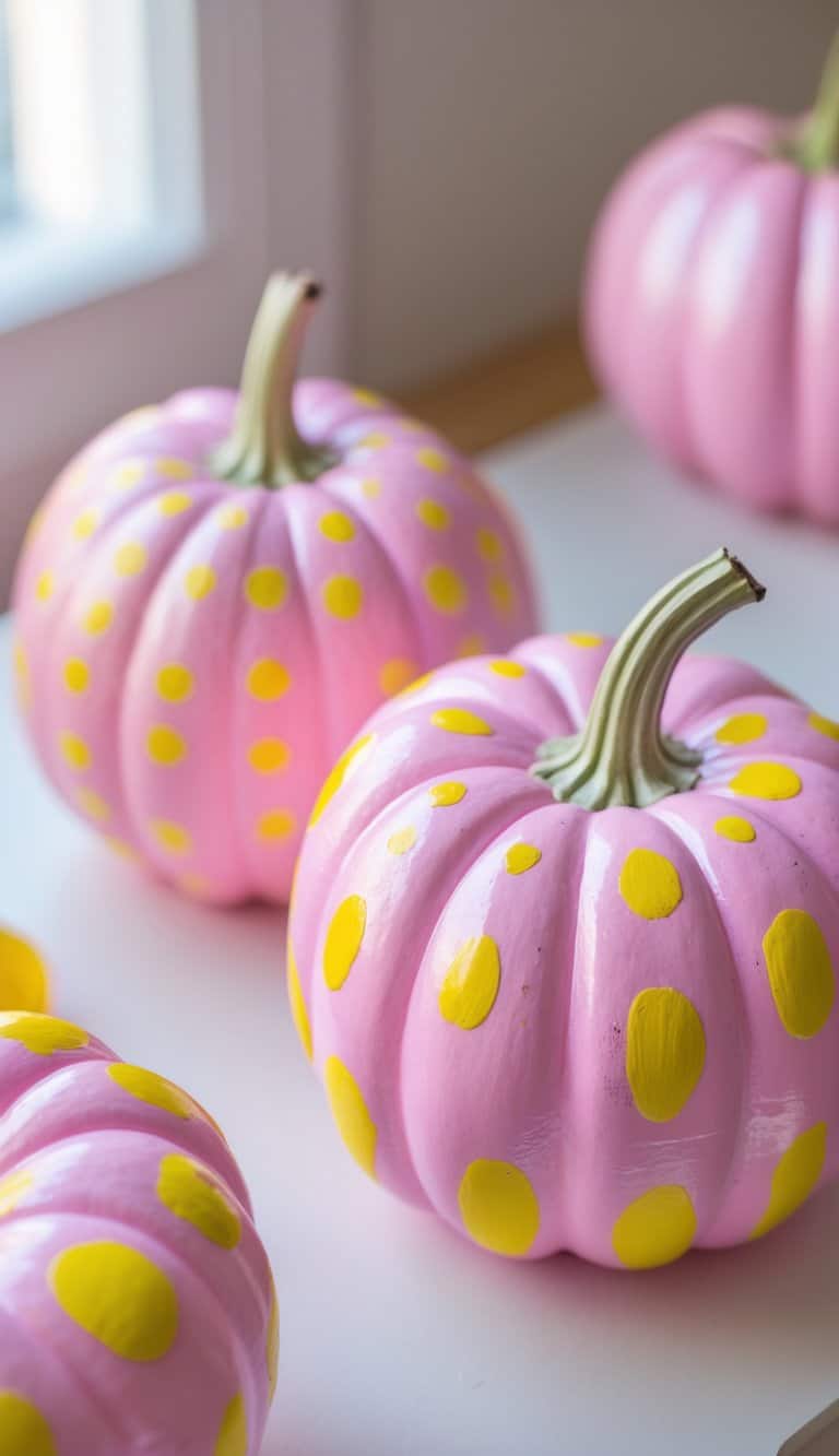 Close-up of one to two pink pumpkins with yellow dots on a clean tabletop.
