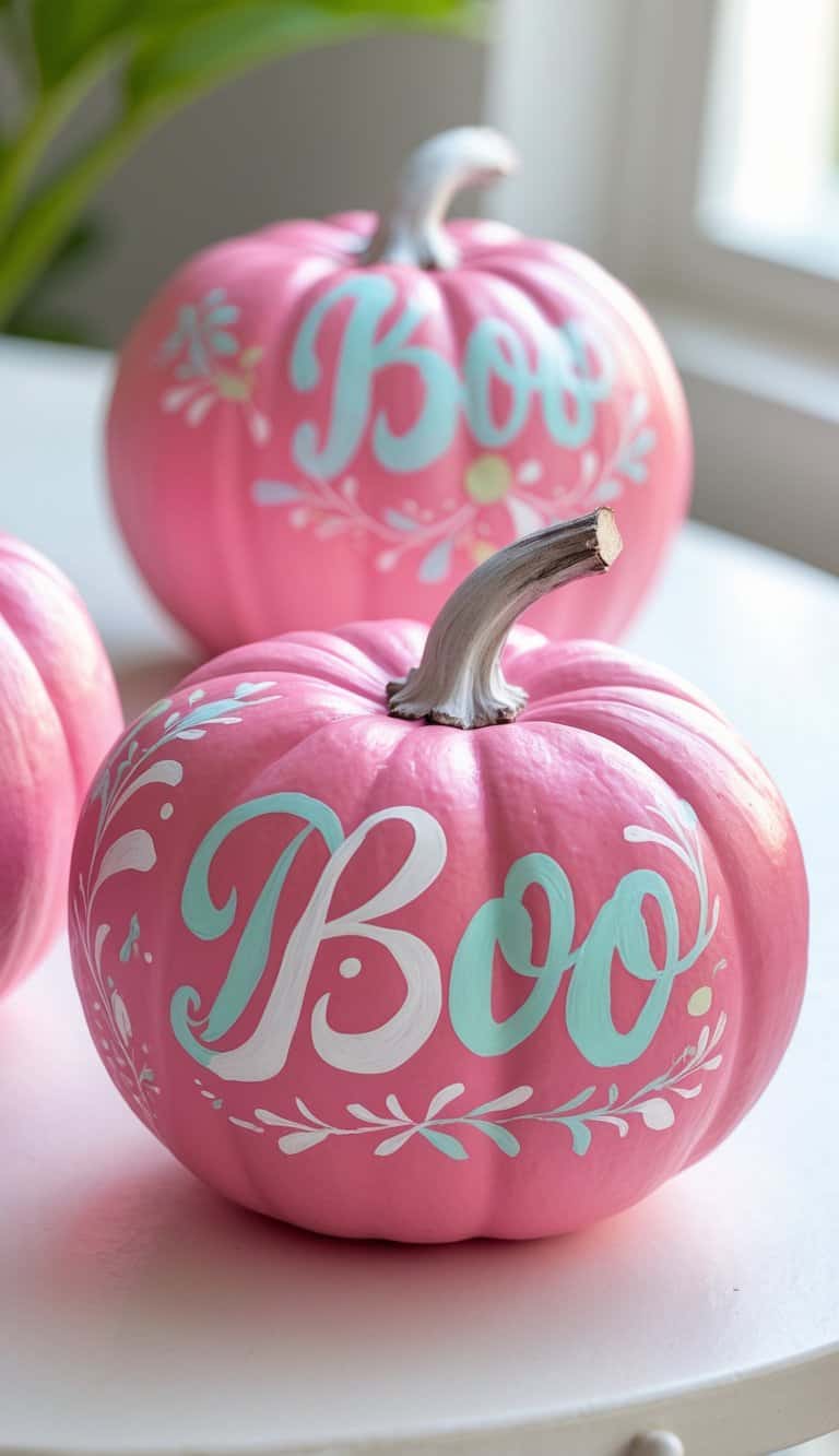 Close-up of one or two pink painted pumpkins with decorative cursive designs on a clean tabletop.