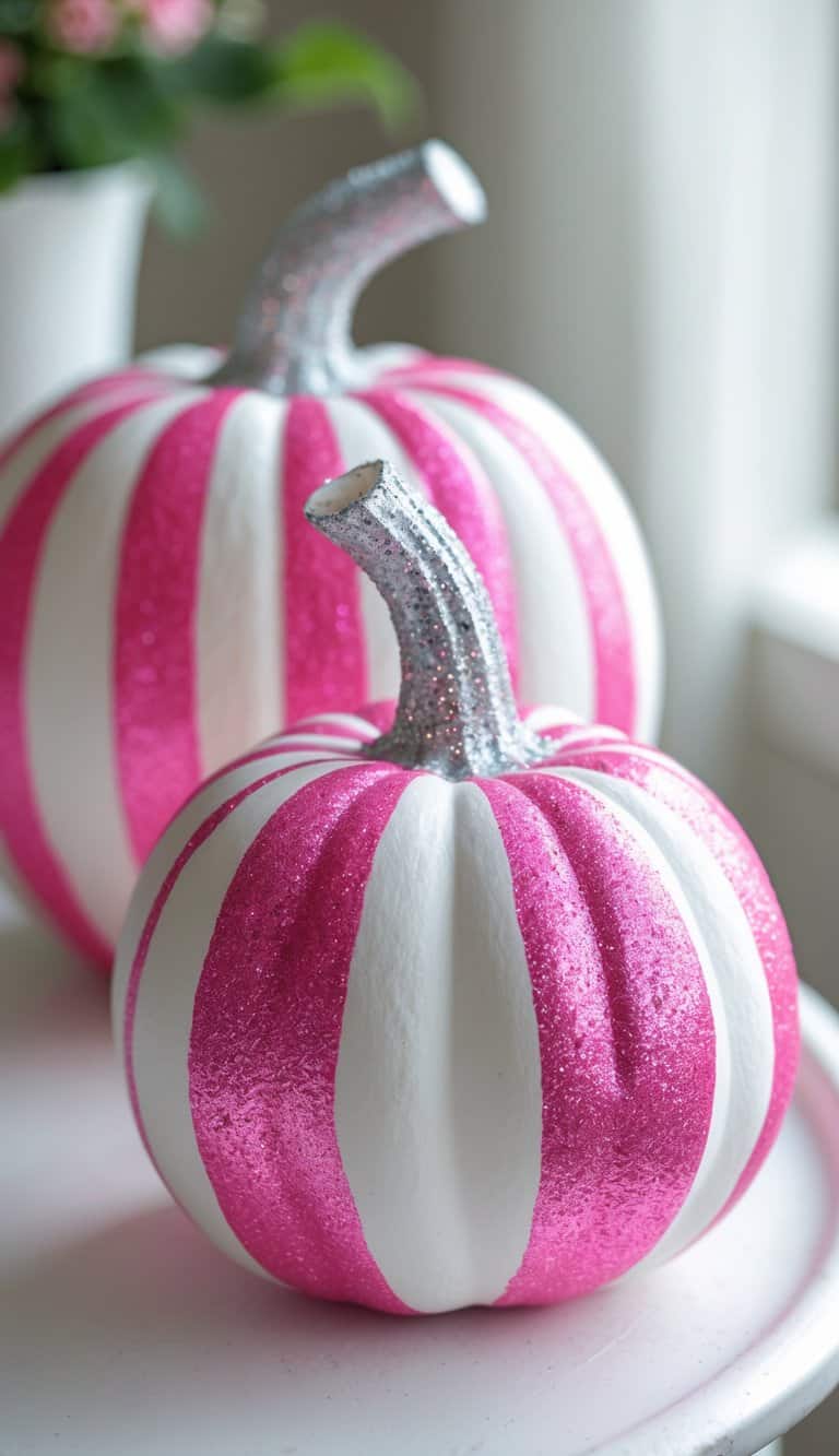 Close-up of one to two pink and white striped pumpkins with glittered tips on a tabletop.