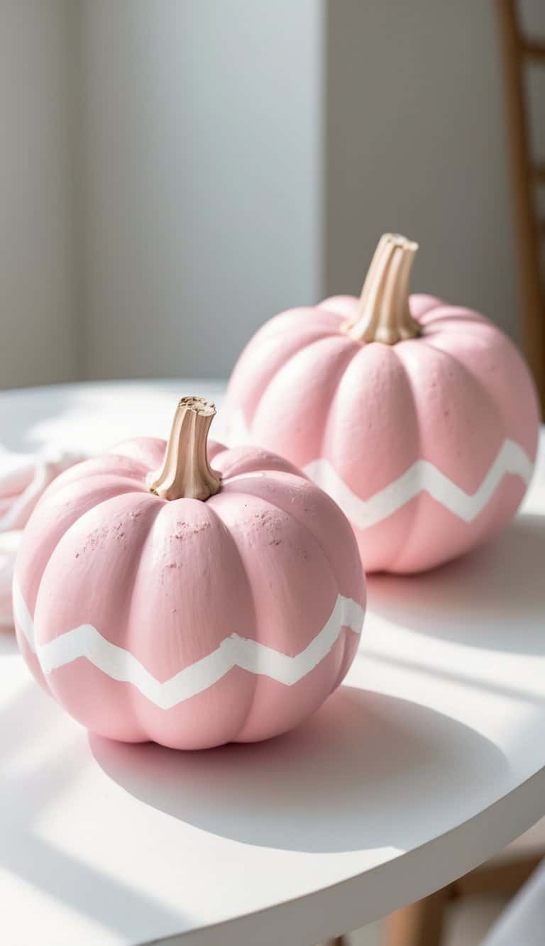 One or two pastel pink pumpkins with white chevron patterns displayed on a clean tabletop.