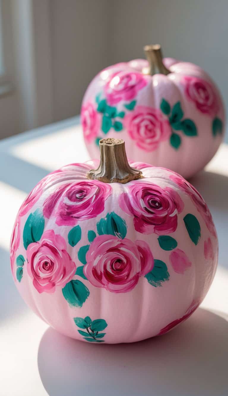 Close-up of one to two pink pumpkins hand-painted with pink roses on a clean tabletop.