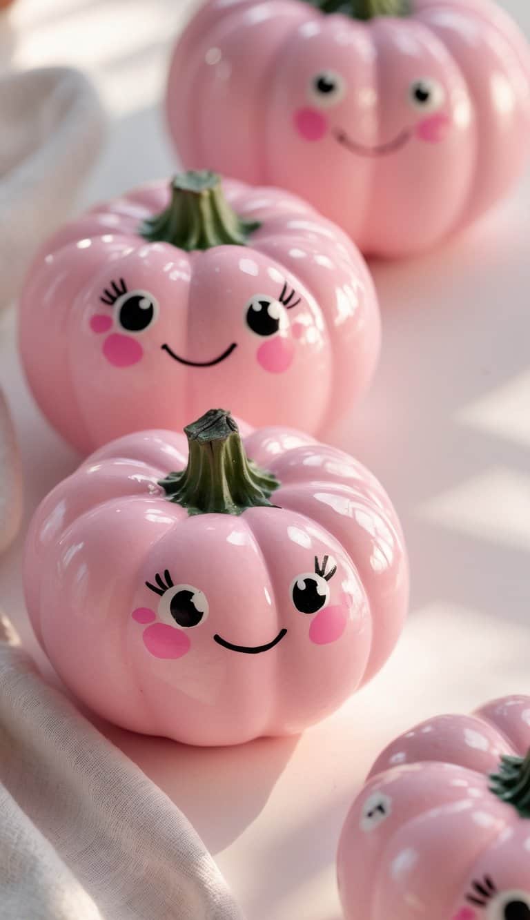 Close-up of one to two small pink pumpkins painted with cute faces and blush cheeks on a clean tabletop.