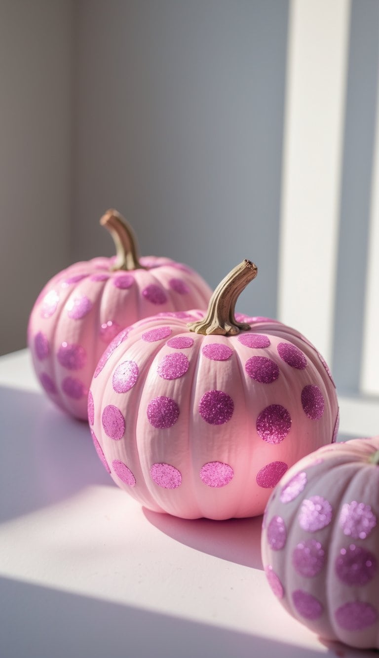 Close-up of one to two pink pumpkins with pink glitter polka dots on a clean tabletop.