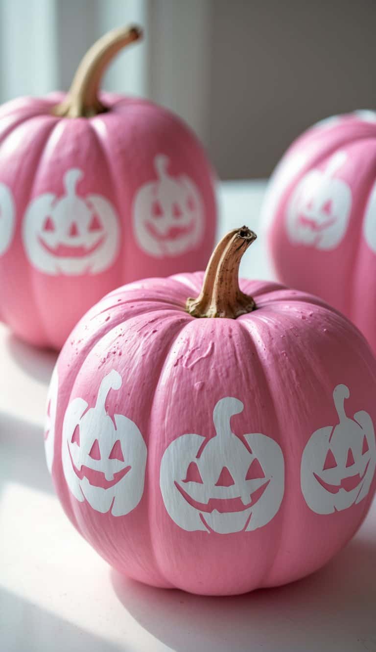One to two pink pumpkins painted with white pumpkin silhouette designs on a clean tabletop.