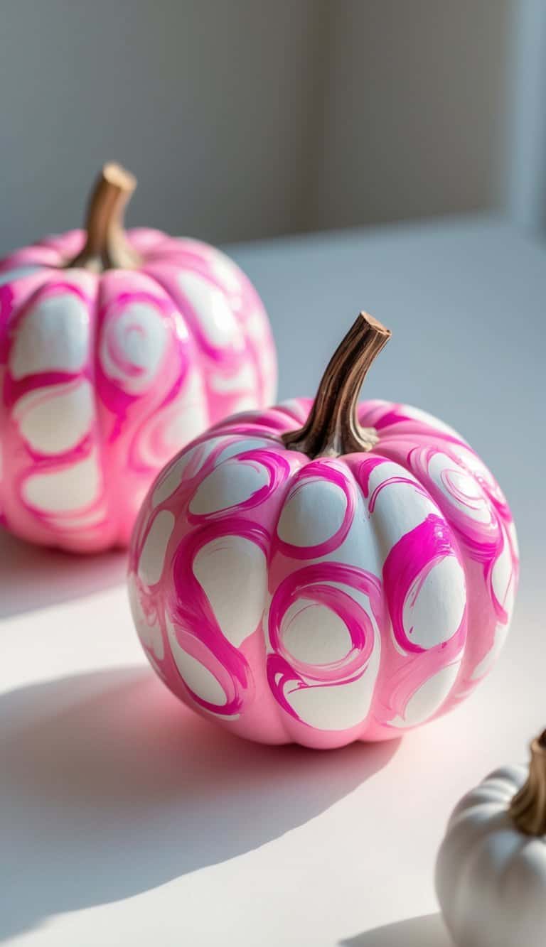 Close-up of one to two pink pumpkins with white swirled paint designs on a clean tabletop.