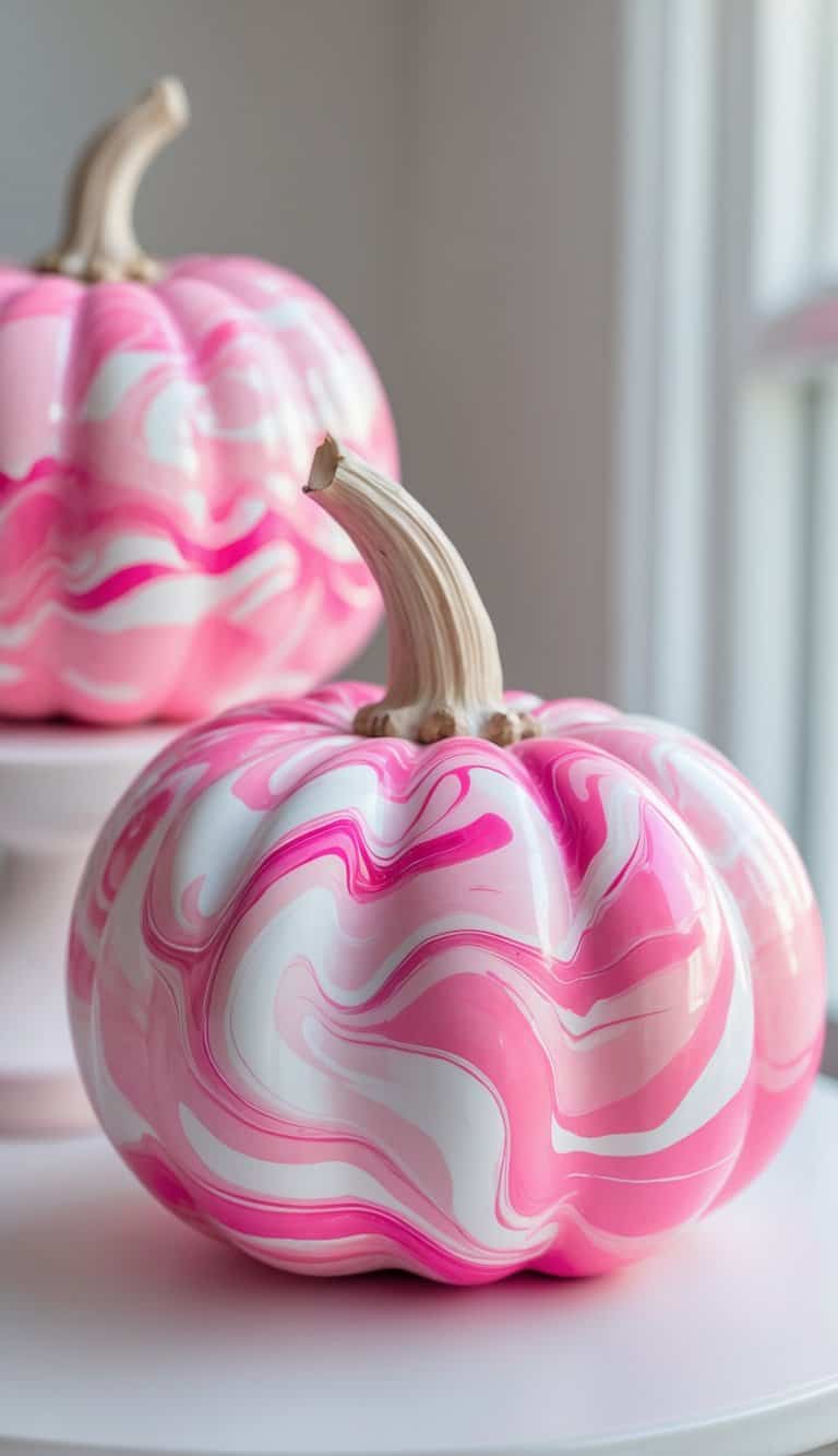 One to two pink pumpkins with marble patterns placed on a tabletop in natural light.