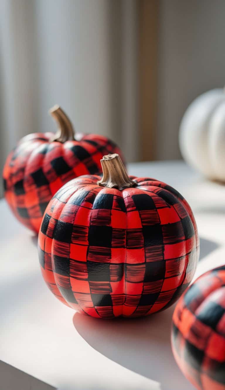 Close-up of one or two pumpkins painted with a red and black buffalo plaid pattern on a clean tabletop.
