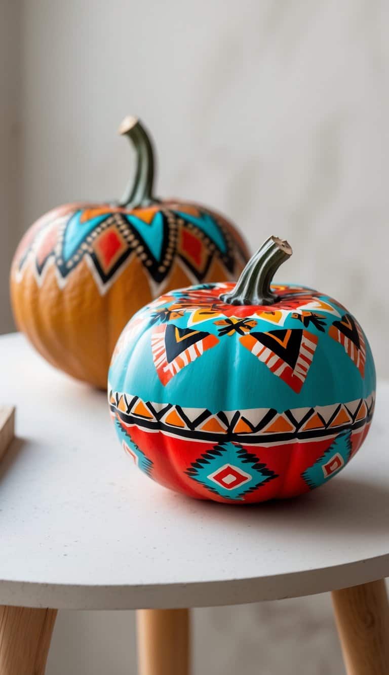 Close-up of one to two pumpkins painted with colorful geometric Navajo patterns on a simple tabletop.