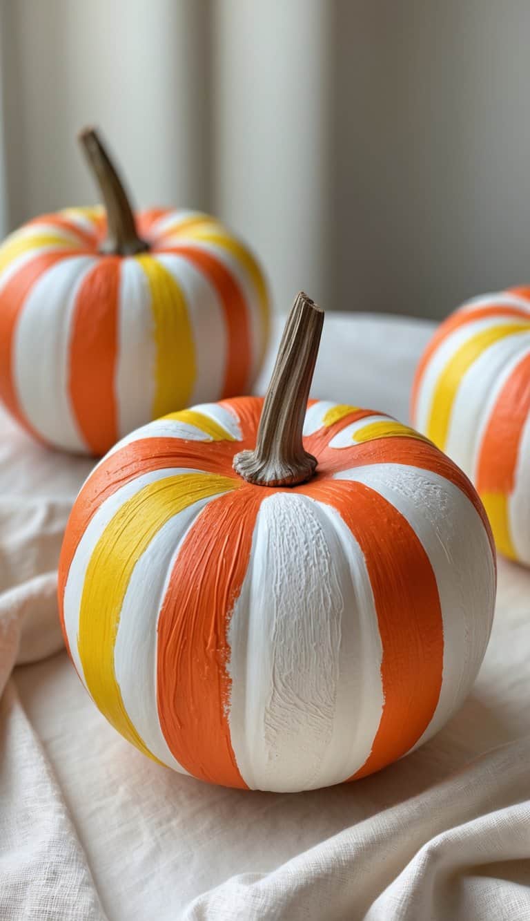 One to two pumpkins painted with colorful candy corn designs on a clean tabletop under soft daylight.