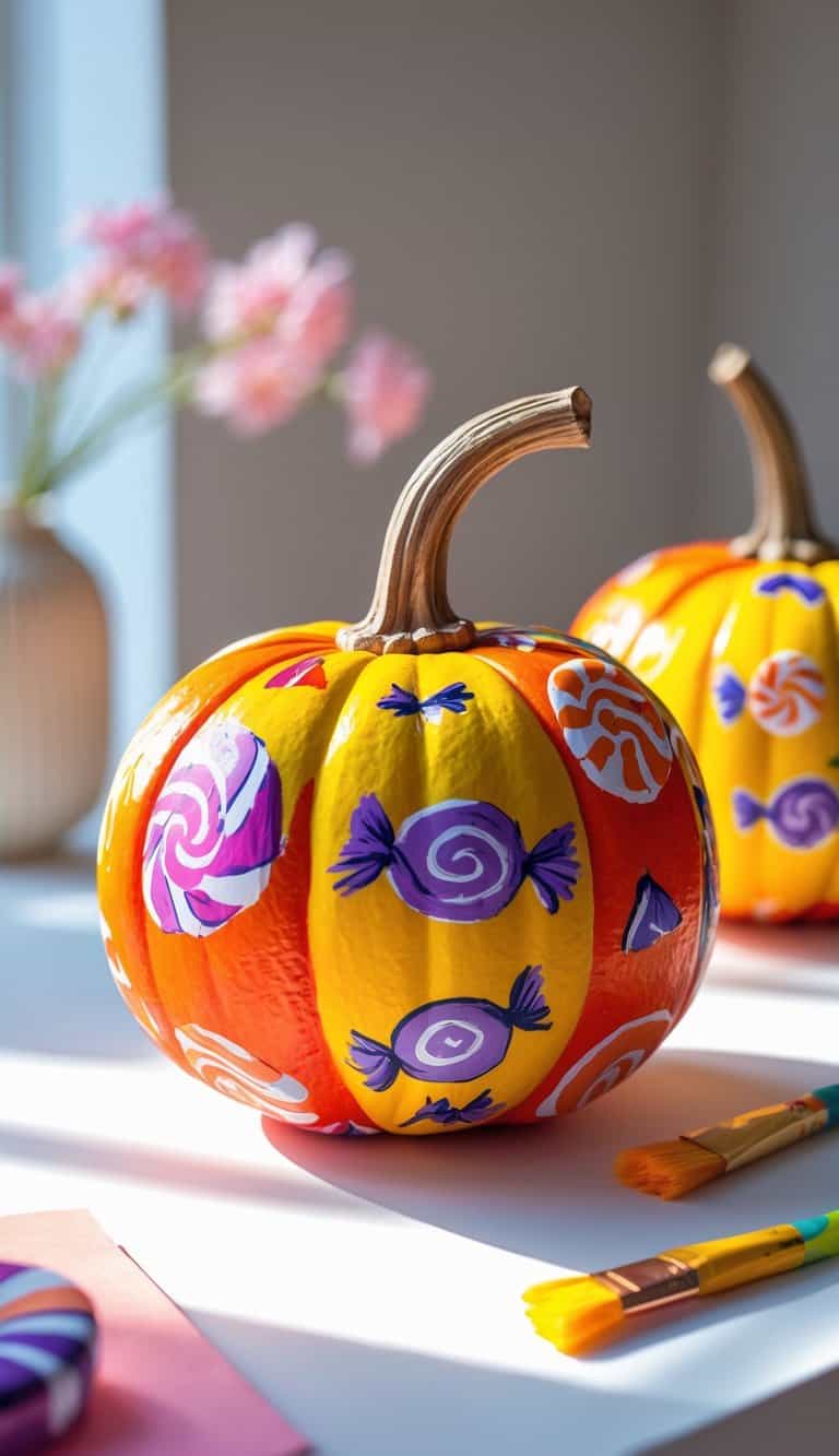 One to two brightly painted pumpkins on a tabletop, decorated with colorful Halloween candy designs.