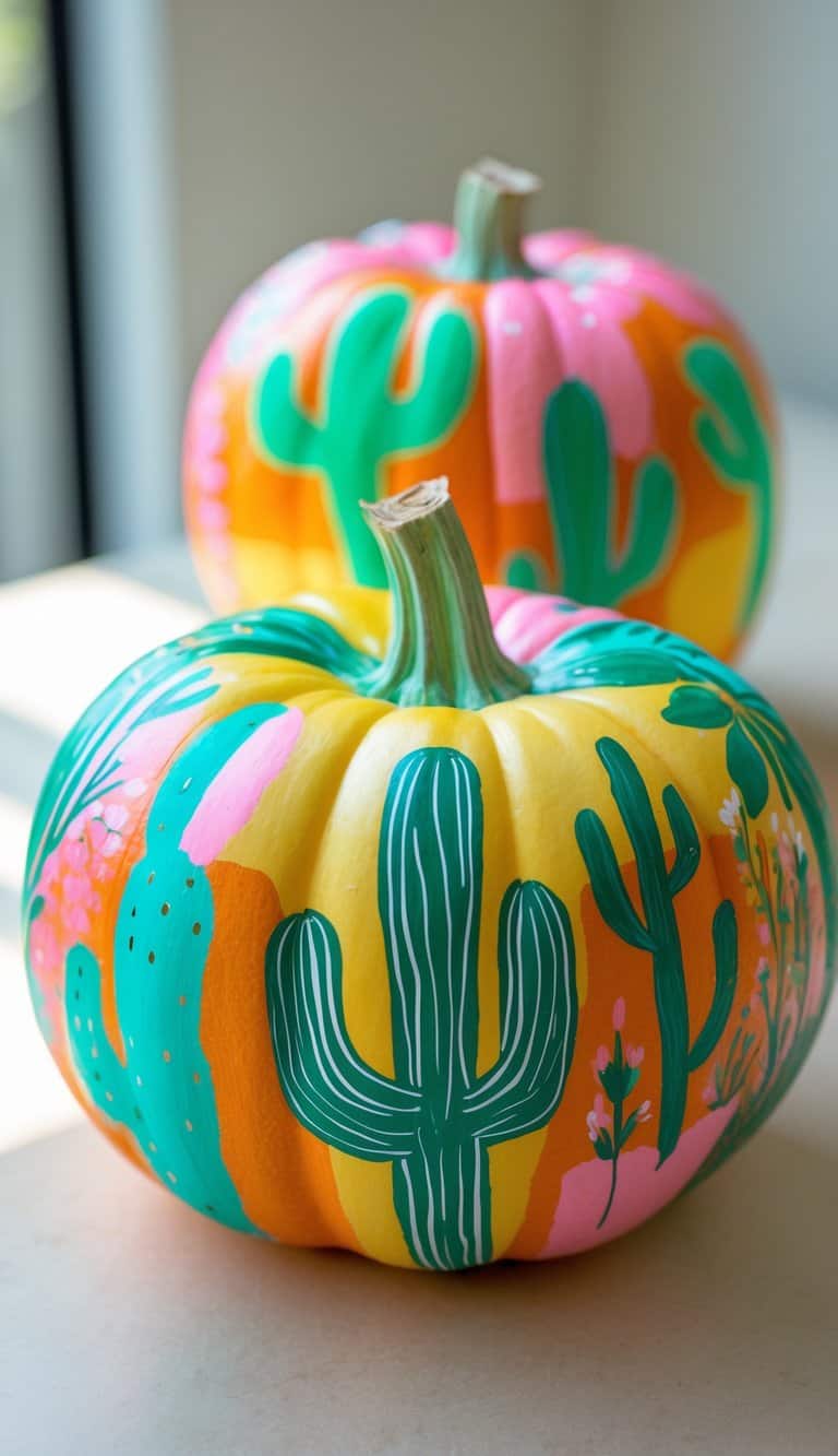 Close-up of one or two pumpkins painted with colorful cactus silhouette designs on a clean tabletop under soft daylight.