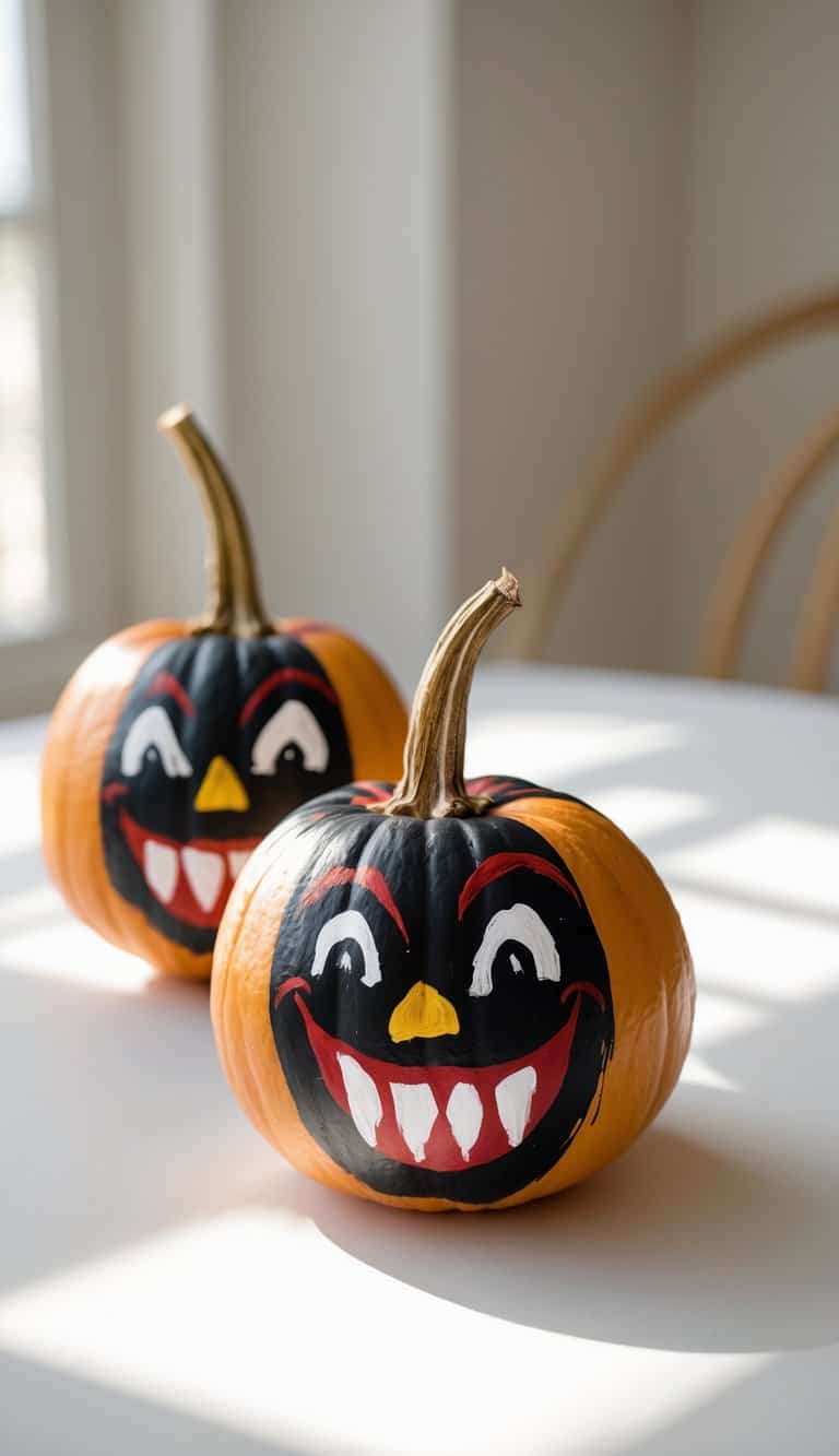 One or two pumpkins painted with vampire faces featuring fangs, arranged on a tabletop with natural light.