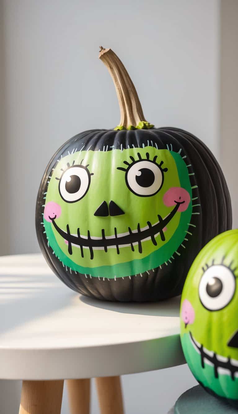 One to two pumpkins painted as smiling Frankenstein monsters on a clean tabletop with soft daylight.