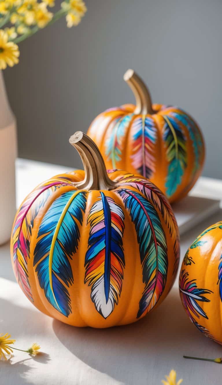 Close-up of one to two pumpkins painted with colorful feather and western designs on a clean tabletop.