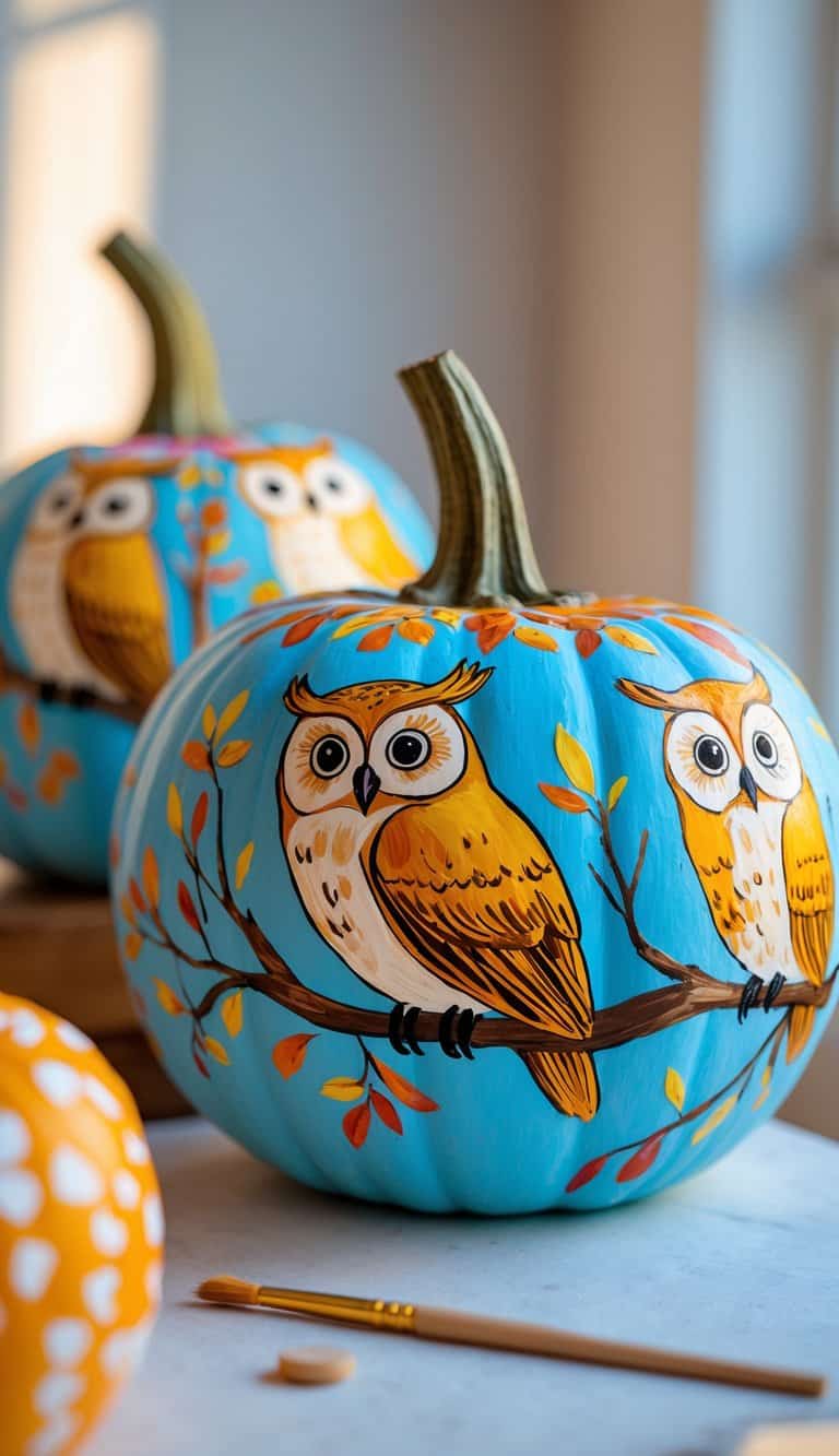 One or two pumpkins painted with detailed owls perched on branches, arranged on a tabletop.
