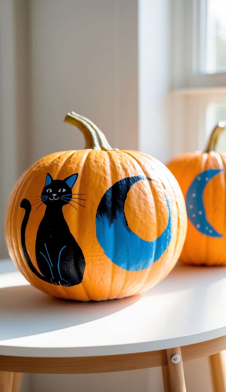 One or two Halloween pumpkins painted with a black cat and moon design on a tabletop.