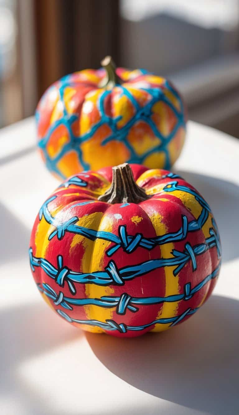 One or two small pumpkins painted with colorful barbed wire designs on a clean tabletop under soft daylight.