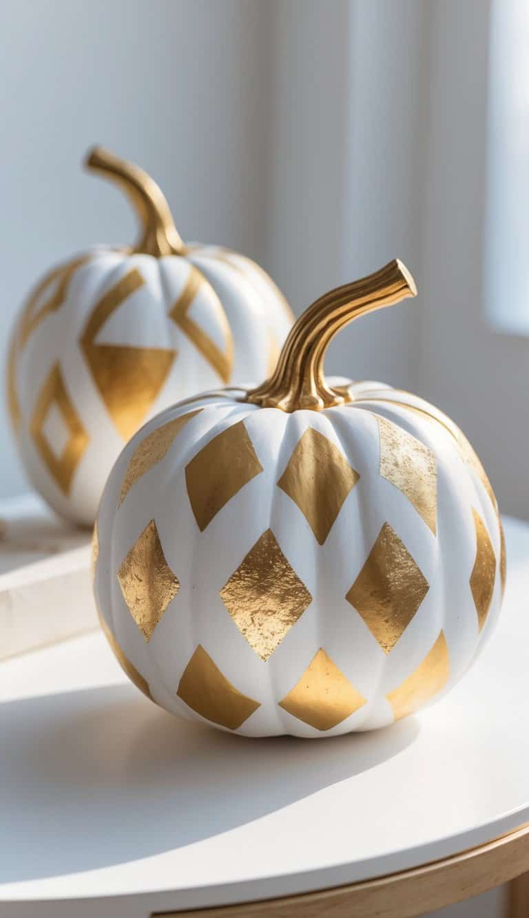 Close-up of one to two painted pumpkins with white matte bases and gold geometric shapes on a clean tabletop.