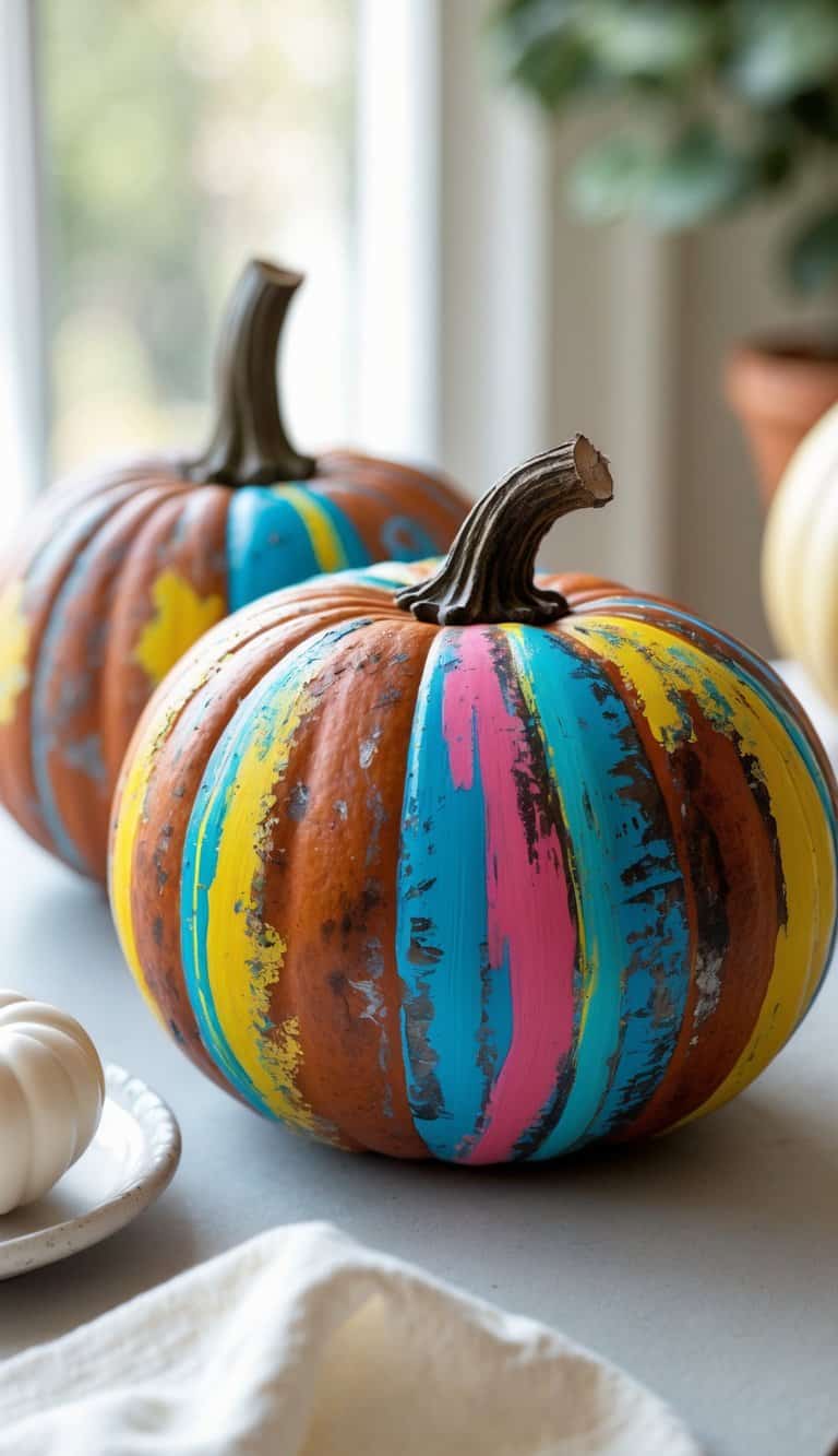 Close-up of one to two vibrantly painted pumpkins with rustic metal patina texture on a clean tabletop.