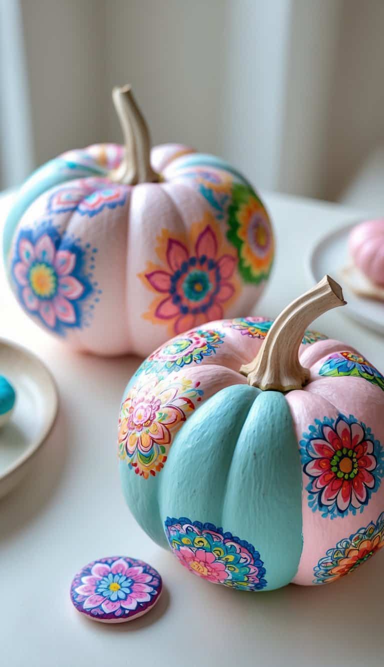 Close-up of one to two pastel pumpkins on a tabletop, decorated with colorful hand-painted mandala designs.