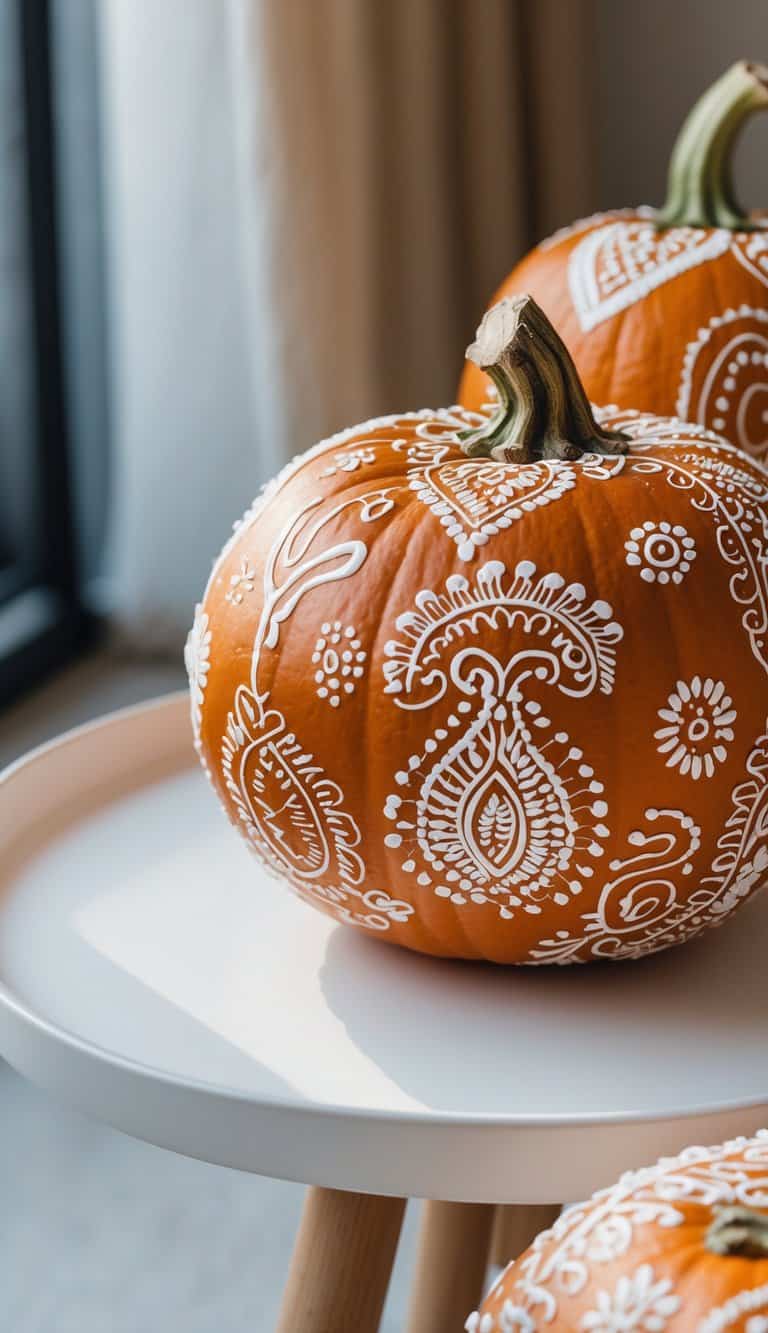 Close-up of one to two burnt orange pumpkins painted with intricate white henna patterns on a clean tabletop.