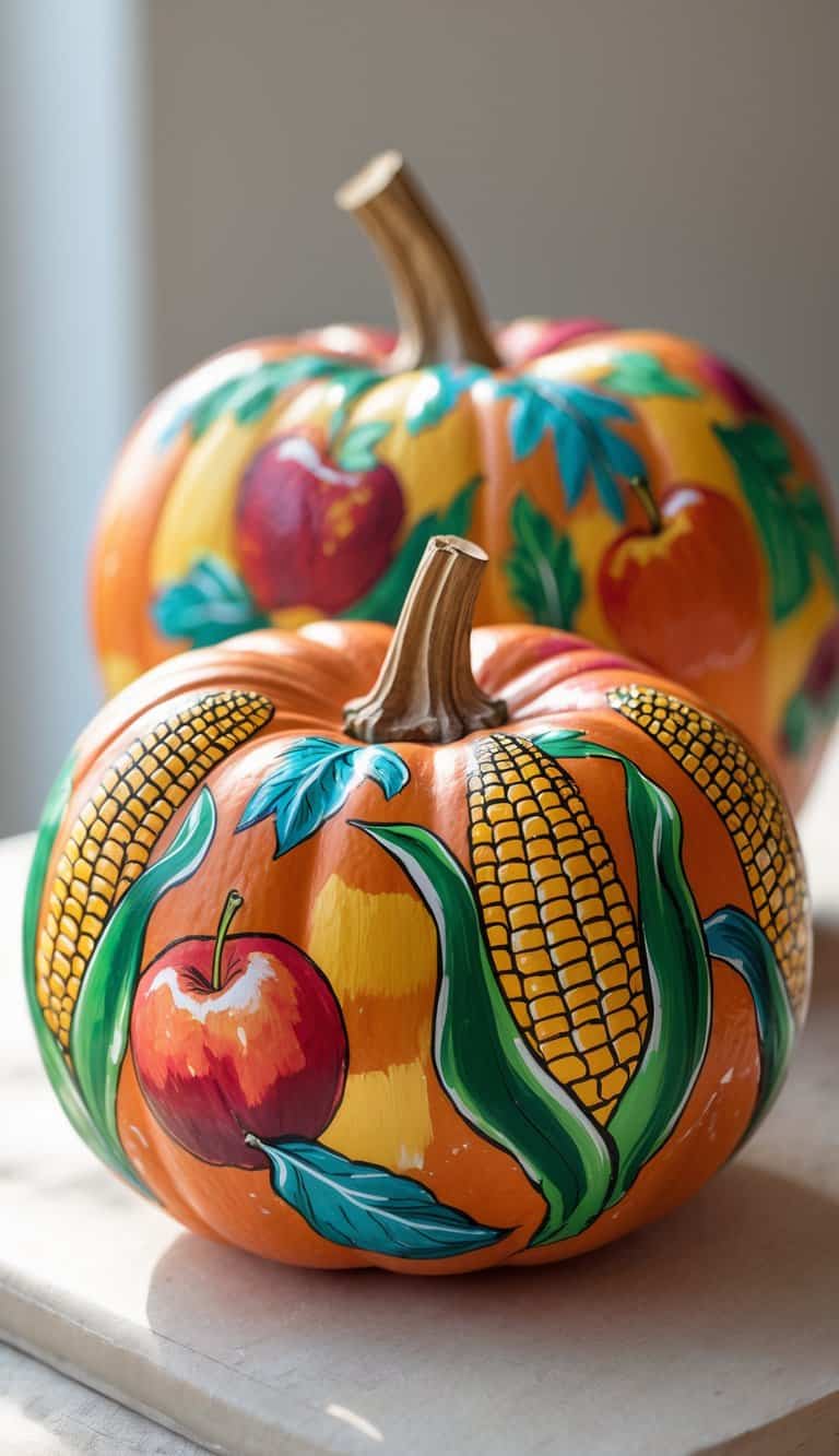 Close-up of one or two pumpkins painted with colorful fall harvest designs including corn, apples, and leaves on a clean tabletop.
