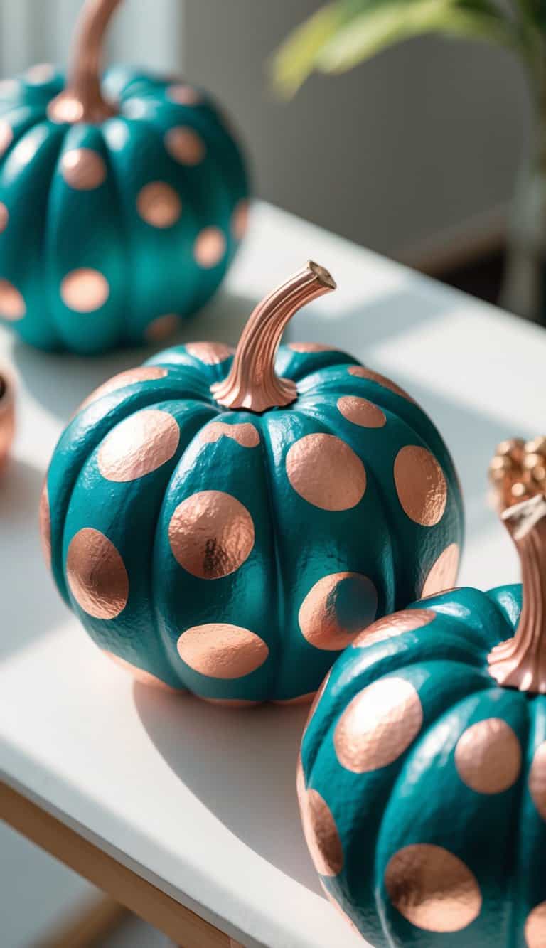 One or two deep teal pumpkins with metallic copper dots on a clean tabletop, brightly lit by soft daylight.