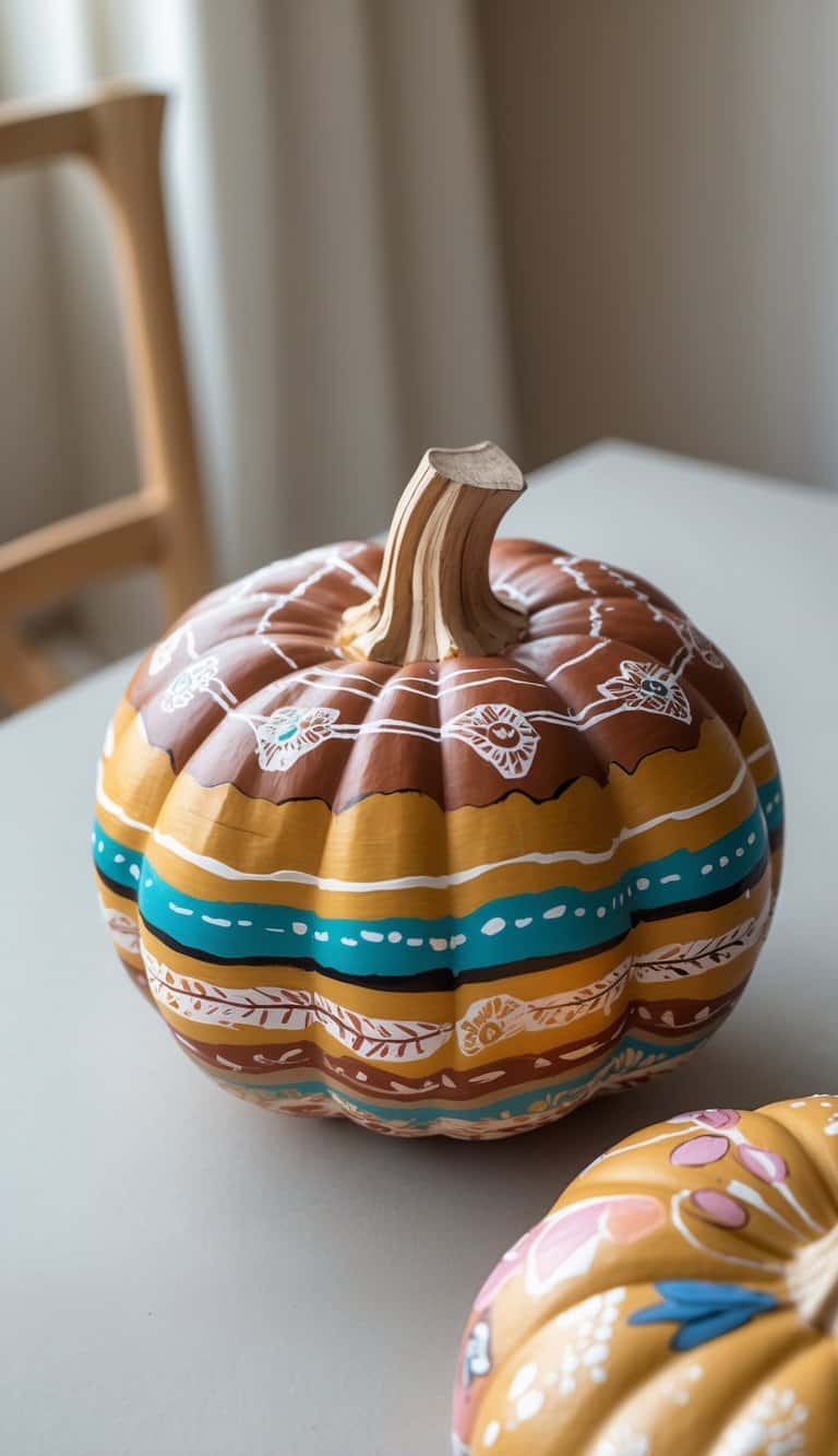 Close-up of one to two painted pumpkins with colorful layered designs on a clean tabletop.