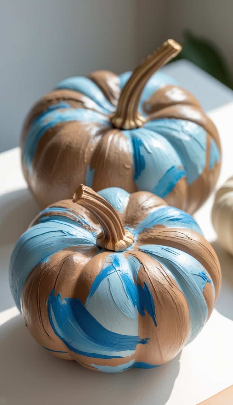 Close-up of one or two pumpkins painted with abstract blue and brown swirls on a tabletop.