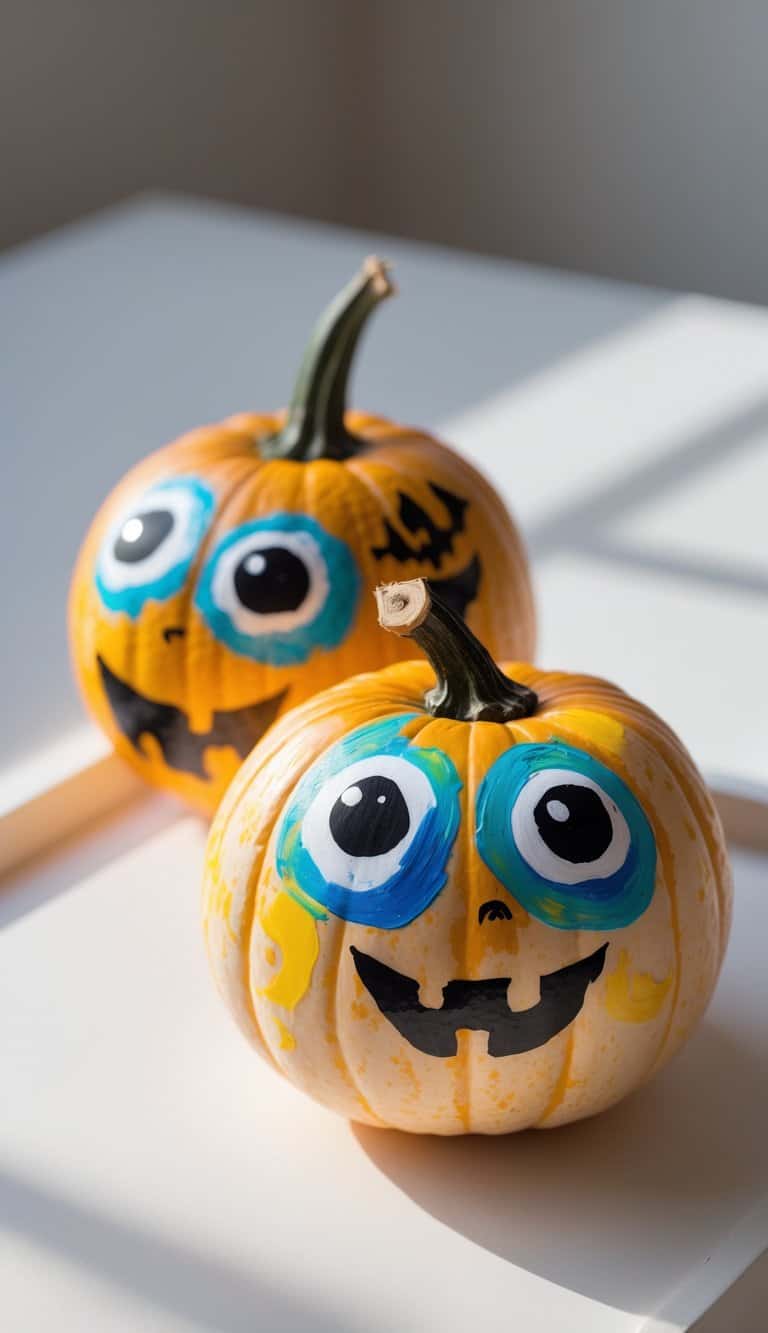 One or two small pumpkins painted with glowing spooky eyes on a clean tabletop.