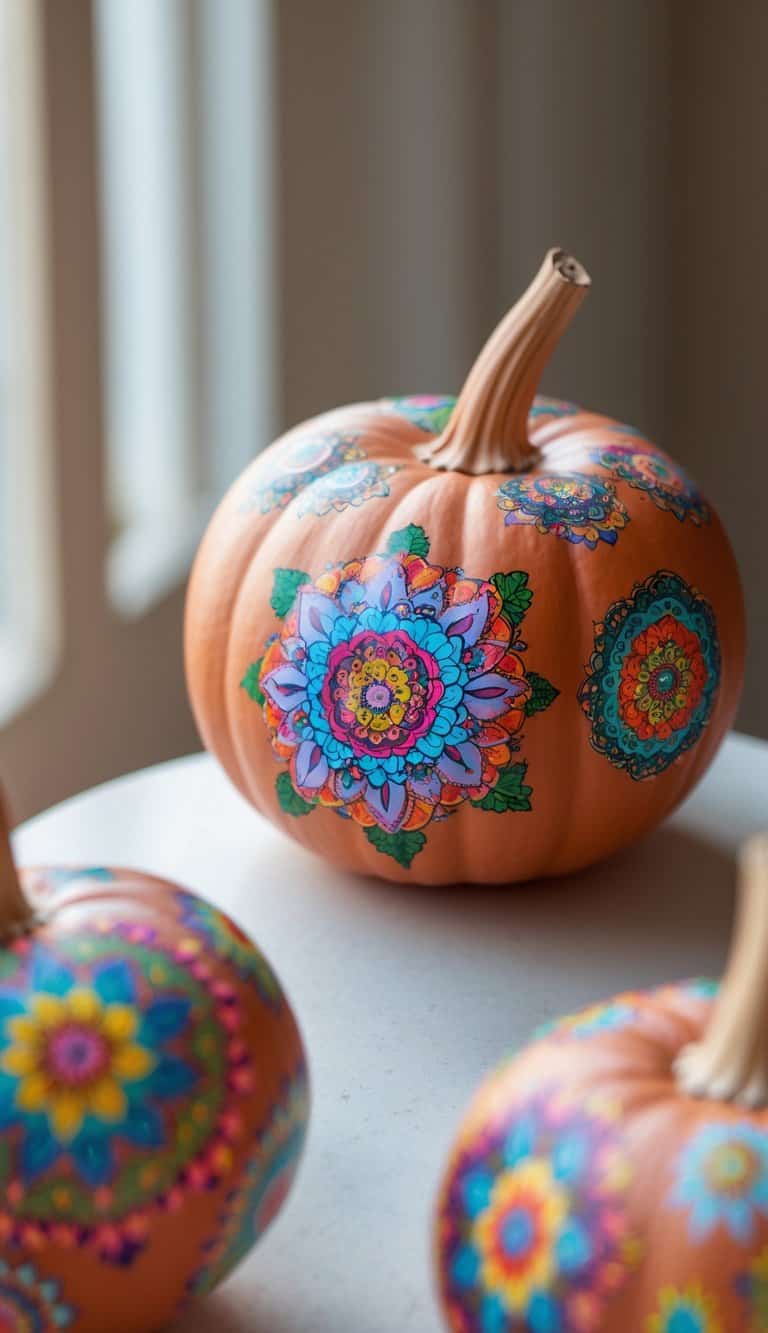 Close-up of one or two terracotta pumpkins painted with small colorful mandala designs on a plain tabletop.