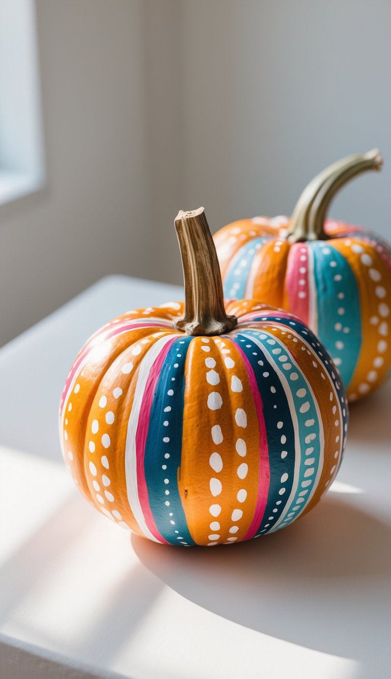 One or two pumpkins painted with white dots and dashes sitting on a tabletop in natural light.