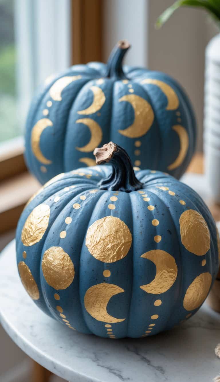 One to two blue pumpkins painted with gold moon phase symbols on a clean tabletop.