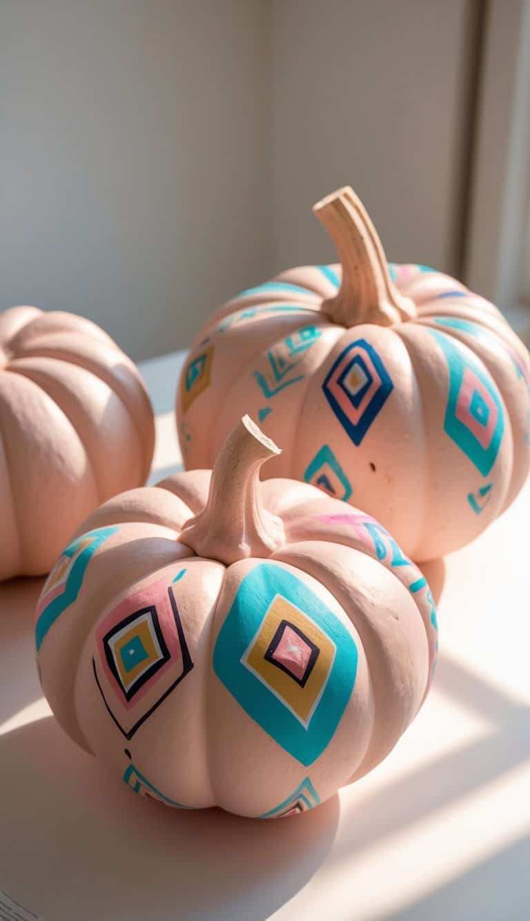 One to two painted pumpkins with tribal diamond patterns on a clean tabletop under soft daylight.