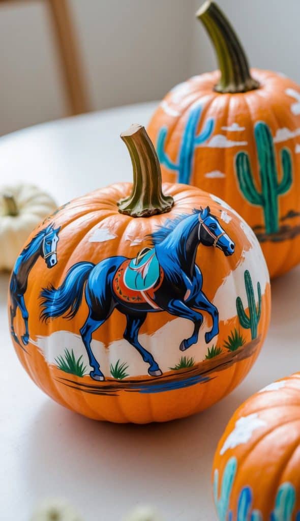 A pumpkin painted with a blue horse, saddle, cactus, and grass in a Southwestern style. Two other pumpkins, one with similar cactus art, are in the background on a white table.