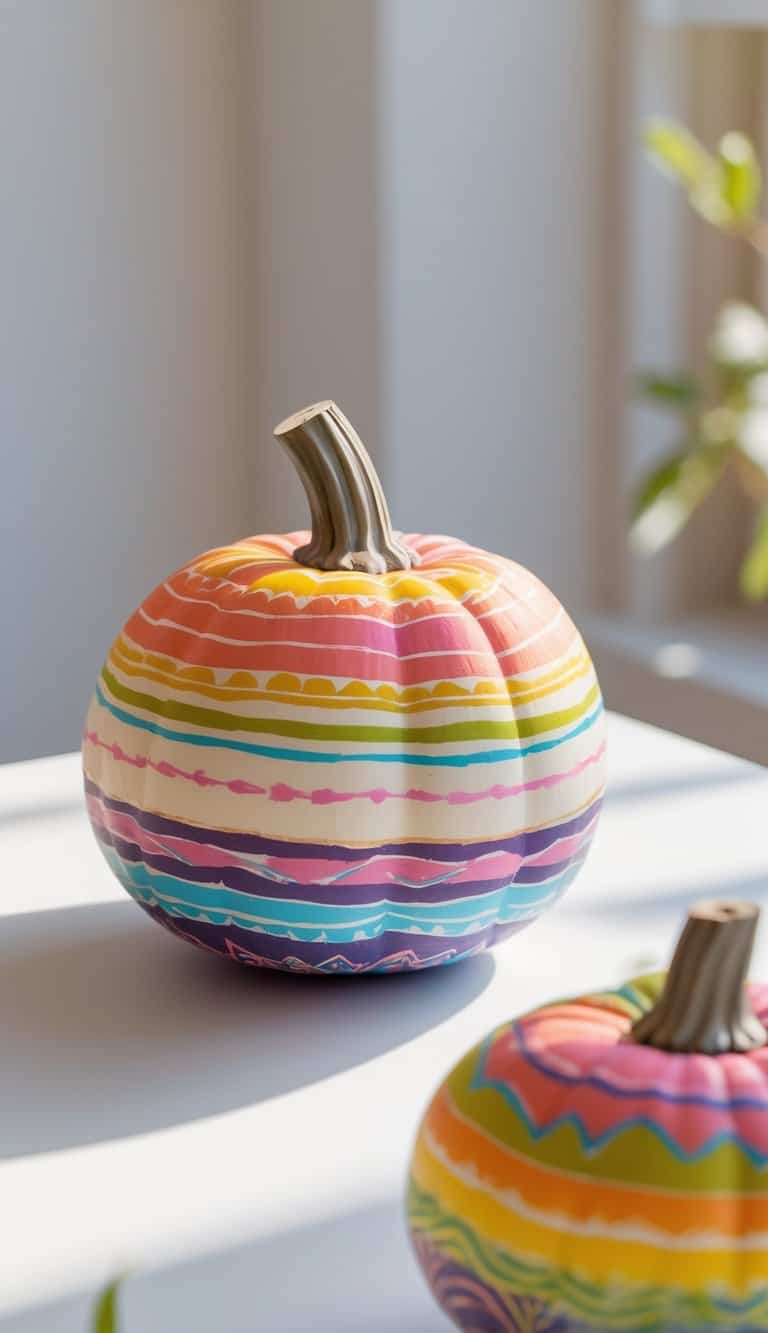 Close-up of one to two painted pumpkins with colorful ombre tribal stripes on a clean tabletop.