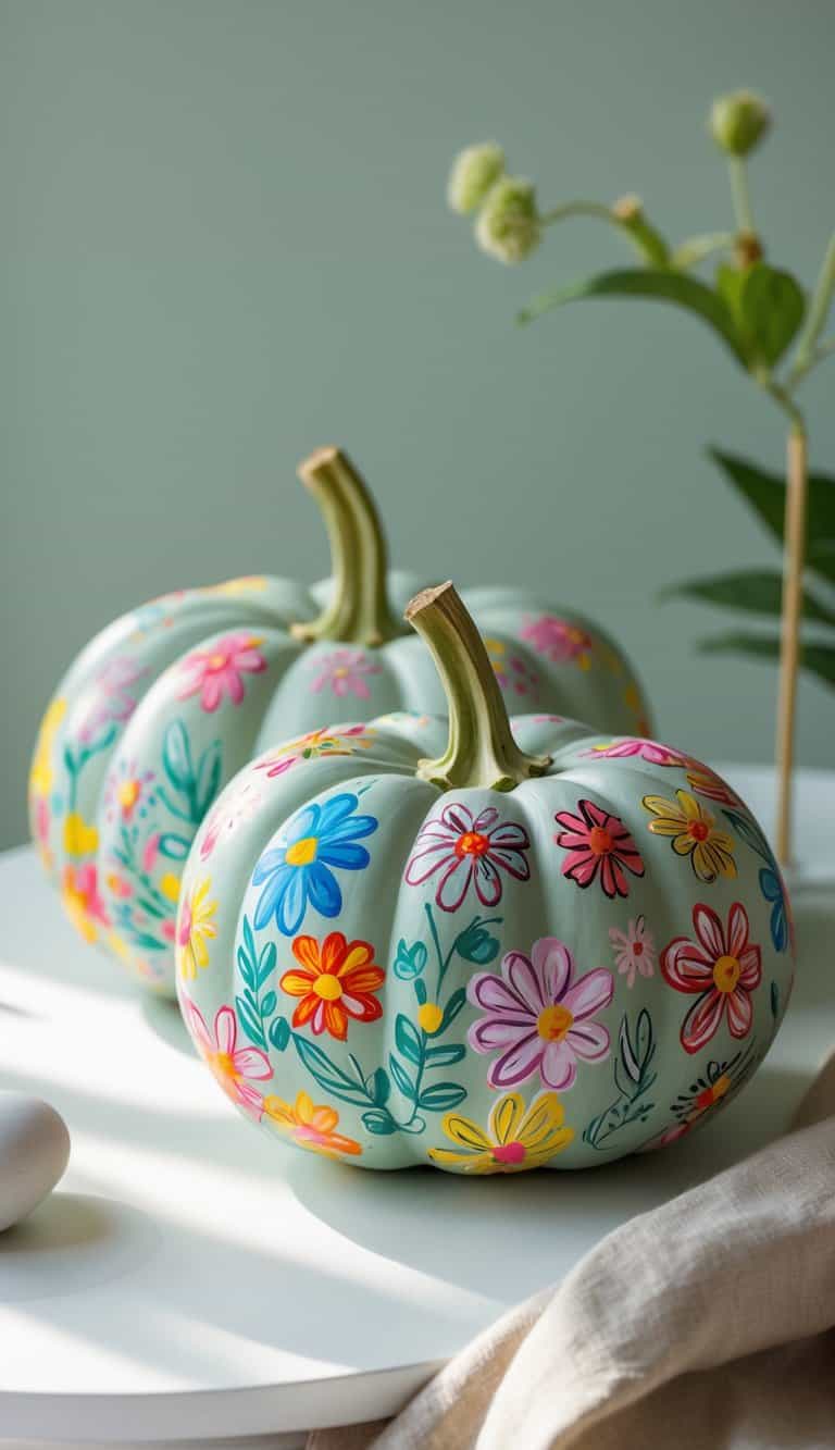 Close-up of one to two light green pumpkins decorated with colorful floral patterns on a plain tabletop.