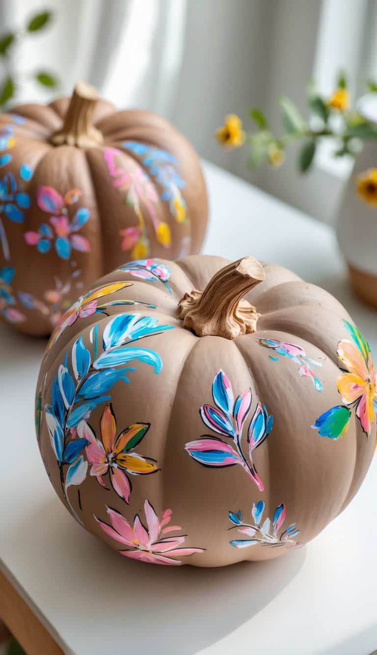 Close-up of one to two painted pumpkins on a clean tabletop, featuring colorful abstract botanical designs on a matte earth-toned surface.
