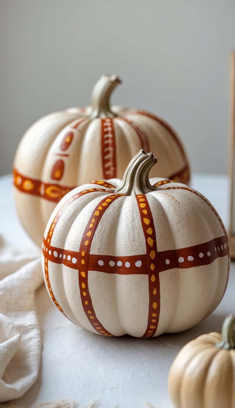 One to two oatmeal-colored pumpkins painted with burnt sienna tribal bands placed on a tabletop against a neutral background.
