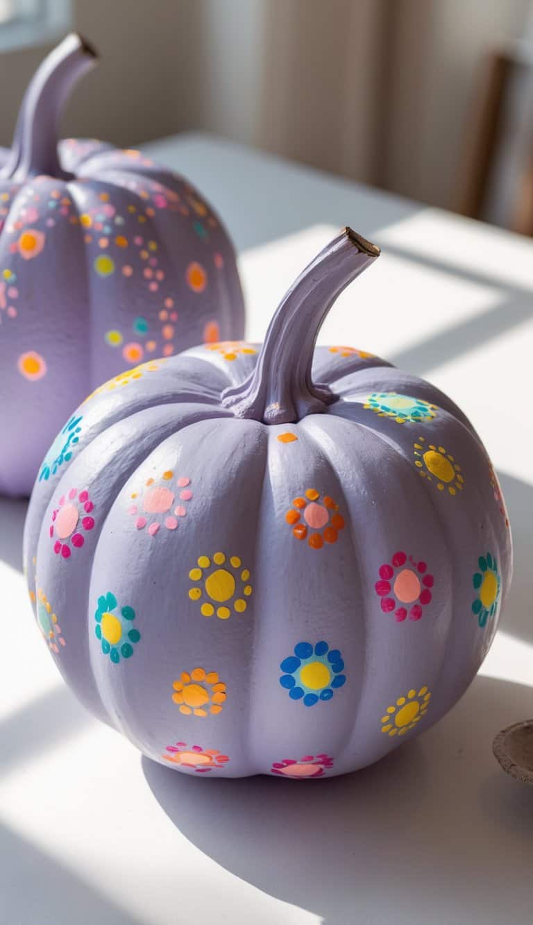 One or two pumpkins painted in dusty lavender with colorful dot clusters on a clean tabletop.