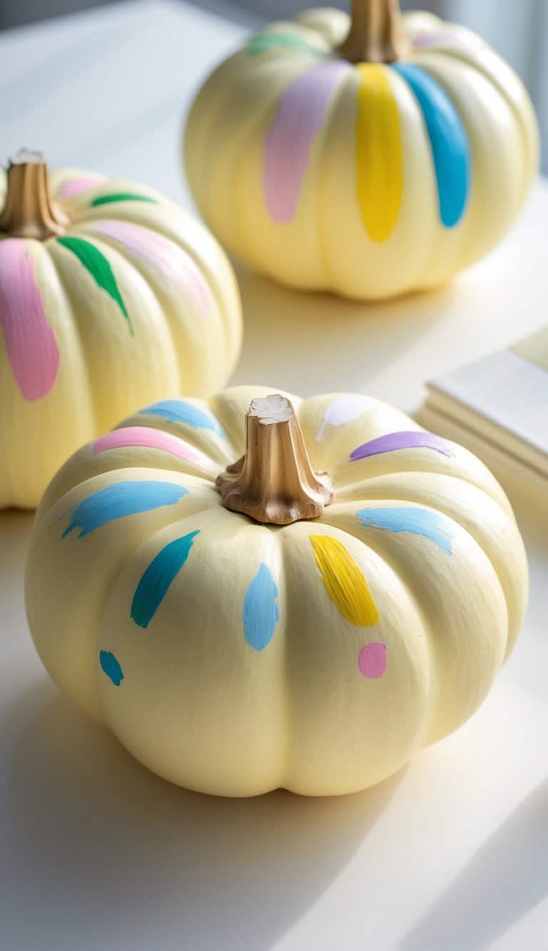 One to two pastel yellow pumpkins painted with colorful designs placed on a clean tabletop under soft daylight.