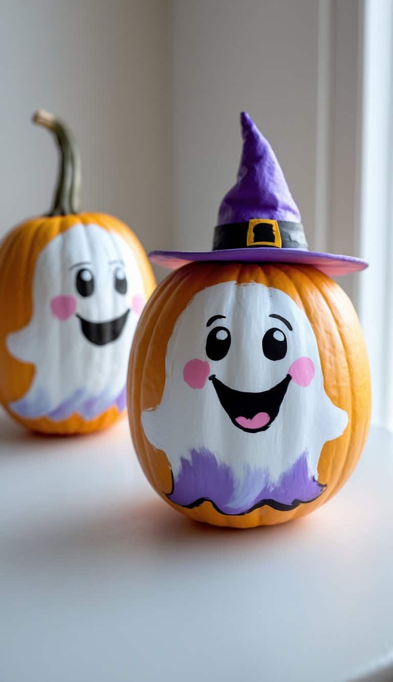 One to two painted pumpkins on a table, decorated as playful ghosts with bright colors, one wearing a small witch hat.