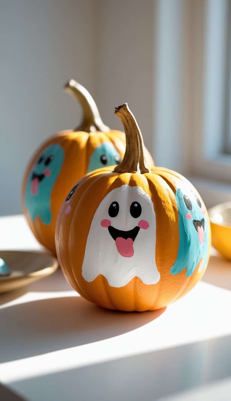 One to two painted pumpkins on a table with playful ghost faces sticking their tongues out.