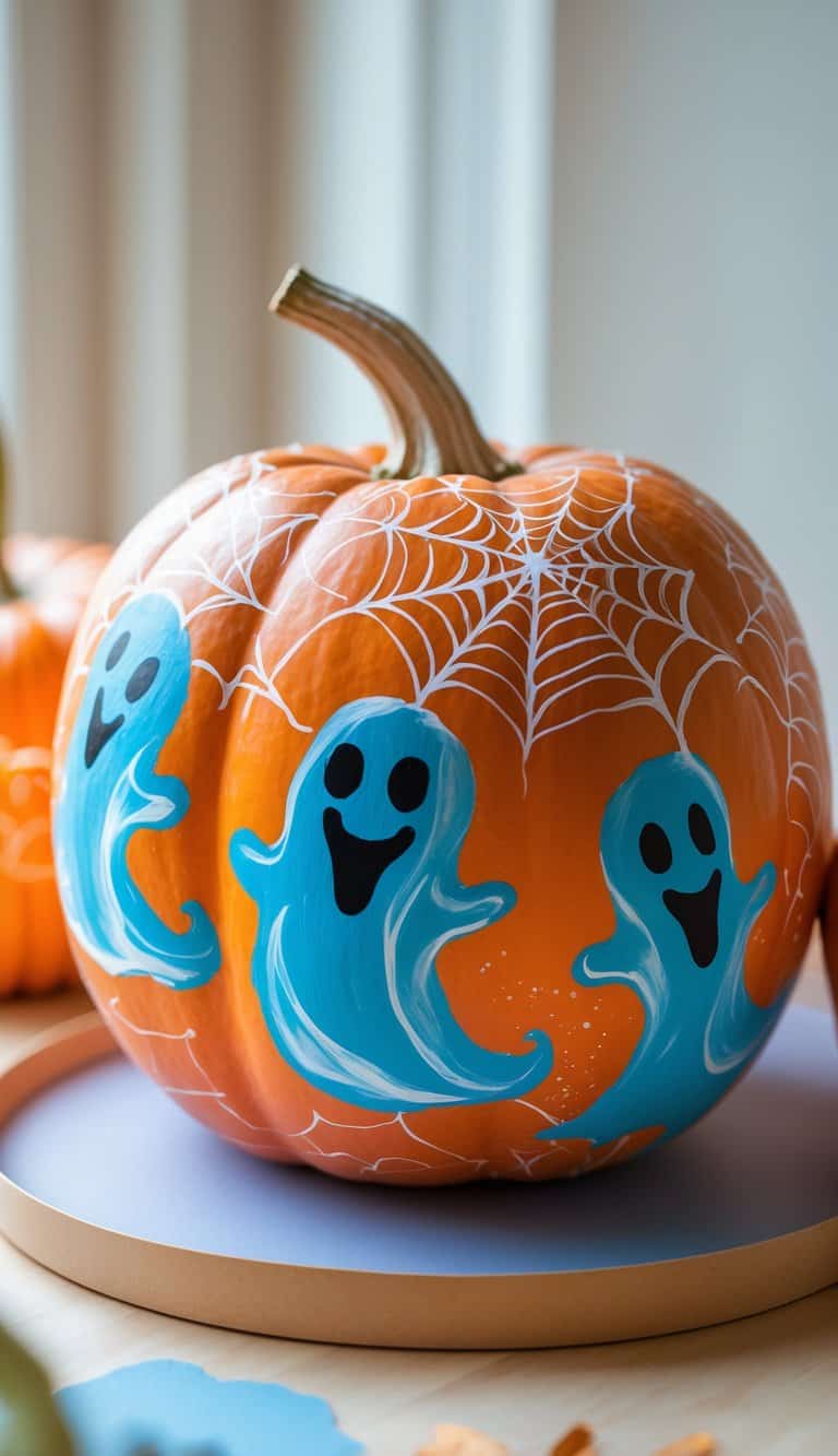 One to two painted pumpkins on a tabletop, decorated with ghost silhouettes and spider web designs.
