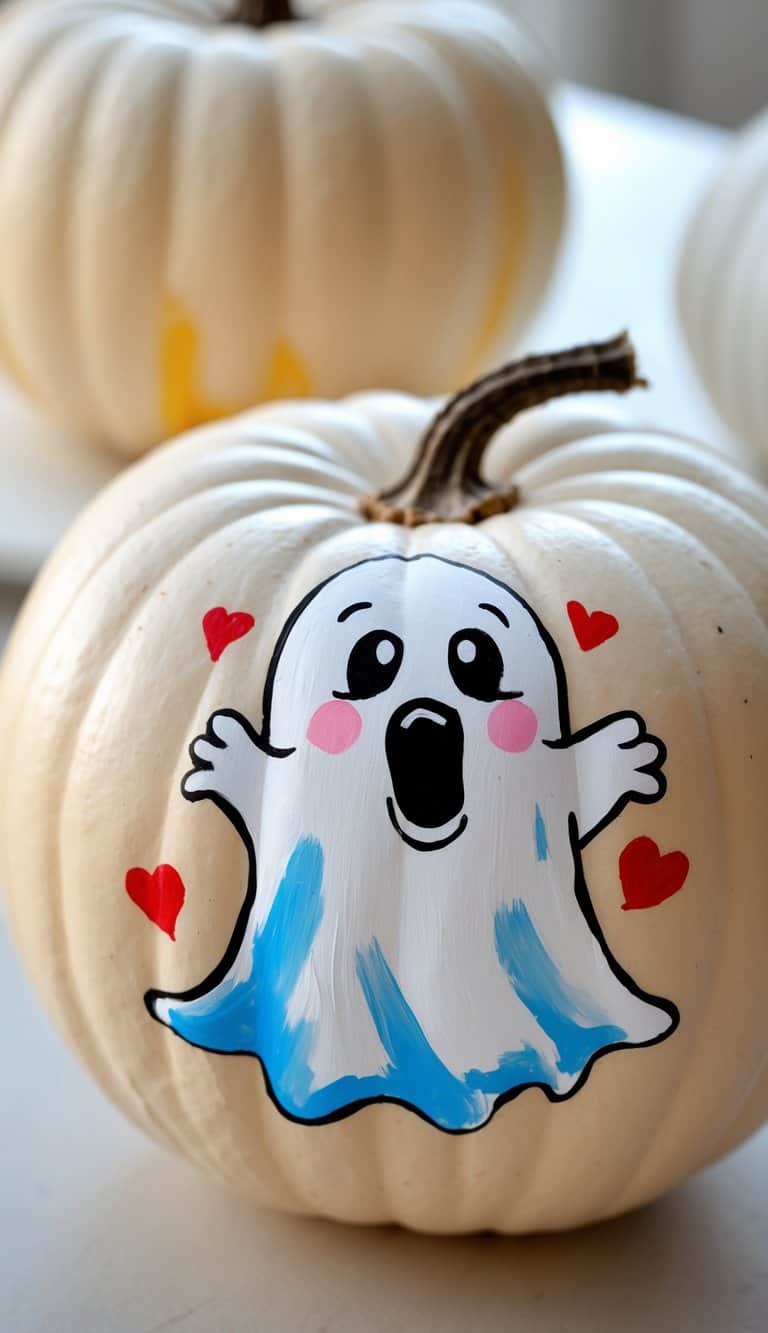 One to two painted pumpkins on a table, decorated with ghost designs blowing kisses and heart shapes.