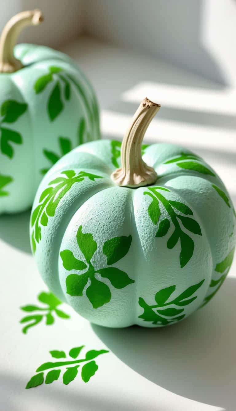 Close-up of one to two mint green pumpkins painted with green leaf stencil patterns on a light tabletop.