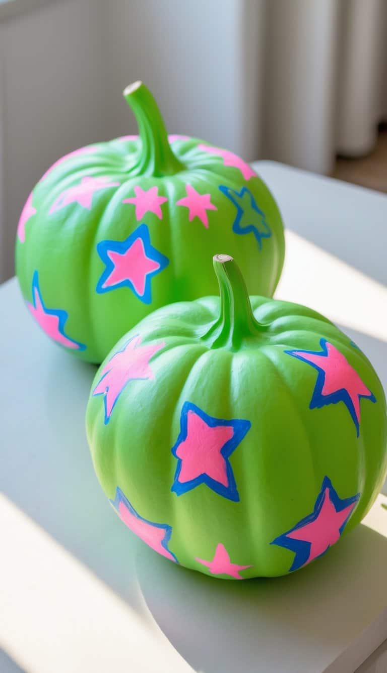 One to two neon green pumpkins painted with colorful star patterns placed on a clean tabletop.