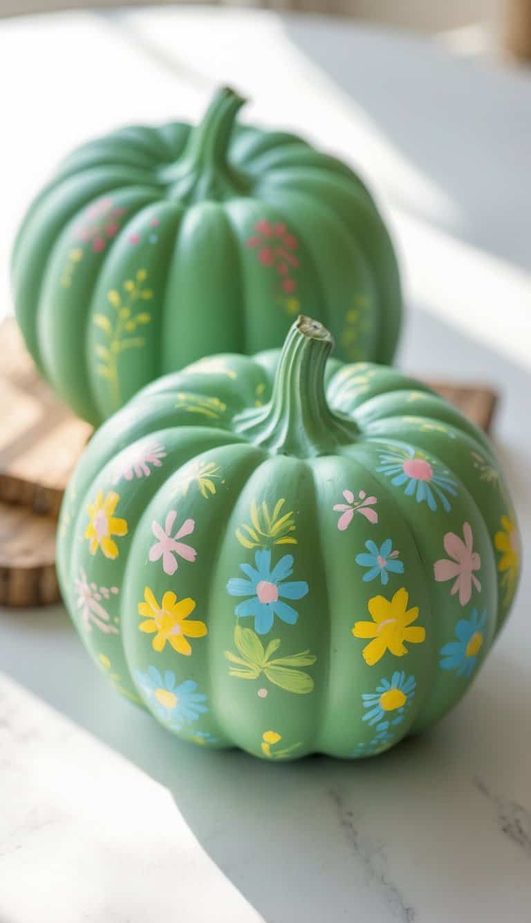 One to two green painted pumpkins with playful designs on a clean tabletop under soft daylight.