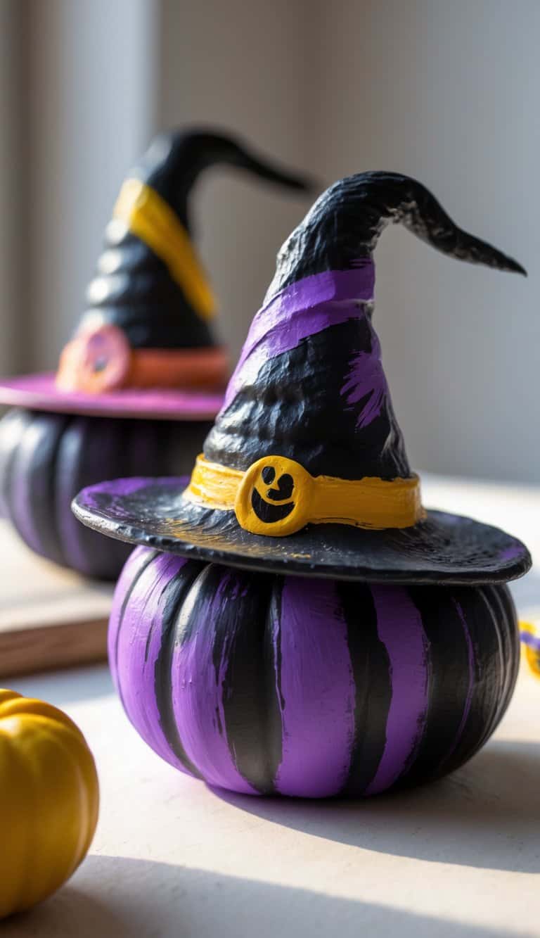 One or two pumpkins painted like witch’s hats on a clean tabletop, brightly colored and detailed.